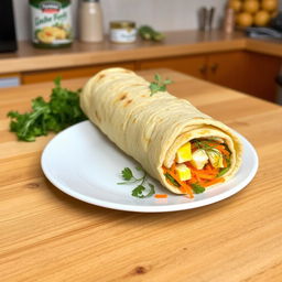 A delicious lavash roll filled with grated carrots, parsley, chopped eggs, and dill, perfectly shaped as a rolled-up log