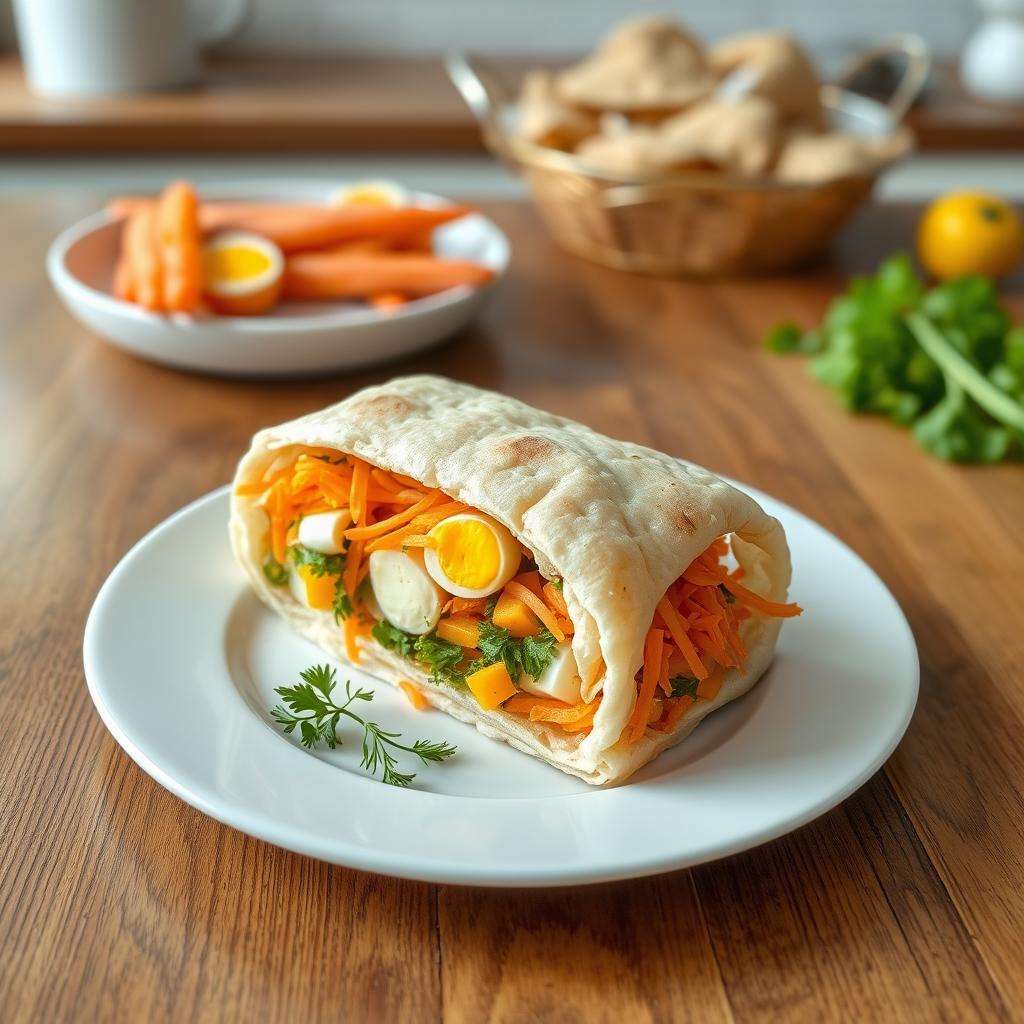 A delicious lavash roll filled with grated carrots, parsley, chopped eggs, and dill, perfectly shaped as a rolled-up log