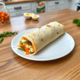 A delicious lavash roll filled with grated carrots, parsley, chopped eggs, and dill, perfectly shaped as a rolled-up log