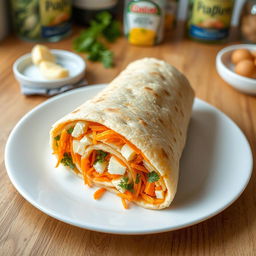 A delicious lavash roll filled with grated carrots, parsley, chopped eggs, and dill, perfectly shaped as a rolled-up log