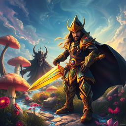 A captivating scene set in an enchanting wonderland, featuring a heroic figure named Gurji, who wields a spectacular sword