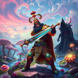 A captivating scene set in an enchanting wonderland, featuring a heroic figure named Gurji, who wields a spectacular sword