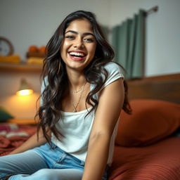 A cute Indian college girl in a cheap lodge setting, showcasing a carefree and youthful atmosphere