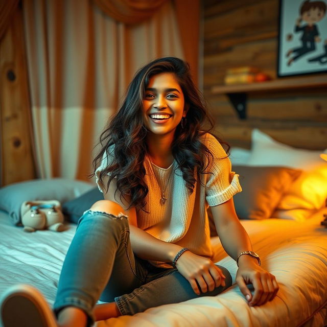 A cute Indian college girl in a cheap lodge setting, showcasing a carefree and youthful atmosphere