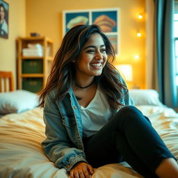 A cute Indian college girl in a cheap lodge setting, showcasing a carefree and youthful atmosphere