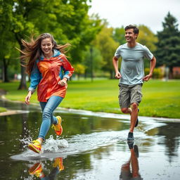 A dynamic scene of two high school teenagers, one male and one female, joyfully running around in the rain