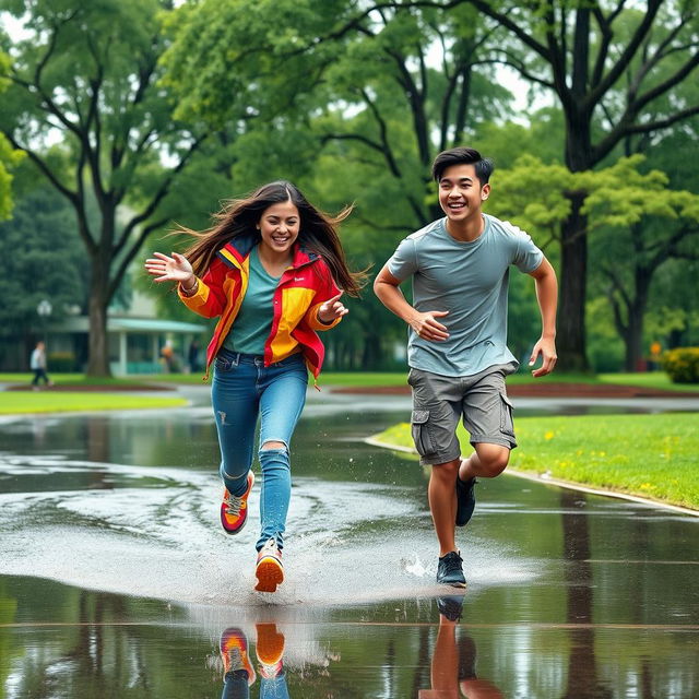 A dynamic scene of two high school teenagers, one male and one female, joyfully running around in the rain