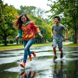 A dynamic scene of two high school teenagers, one male and one female, joyfully running around in the rain