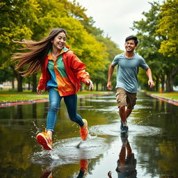 A dynamic scene of two high school teenagers, one male and one female, joyfully running around in the rain