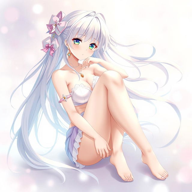 An artistic depiction of an anime girl with long flowing hair, sitting gracefully with her legs positioned in an alluring but tasteful manner