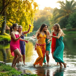 A vibrant scene depicting a group of young women playing joyfully by a serene medieval lake, showcasing their carefree spirits