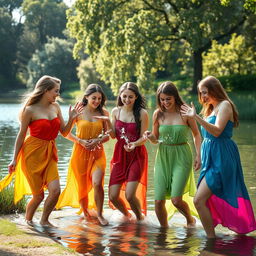 A vibrant scene depicting a group of young women playing joyfully by a serene medieval lake, showcasing their carefree spirits