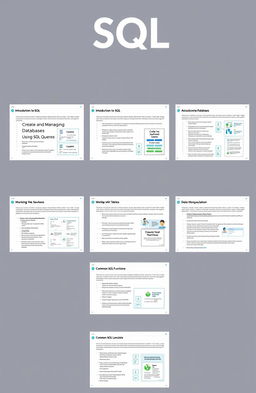 A basic SQL manual, featuring a clean and organized layout with sections covering topics like 'Introduction to SQL', 'Creating and Managing Databases', 'Using SQL Queries', 'Working with Tables', 'Data Manipulation', and 'Common SQL Functions'