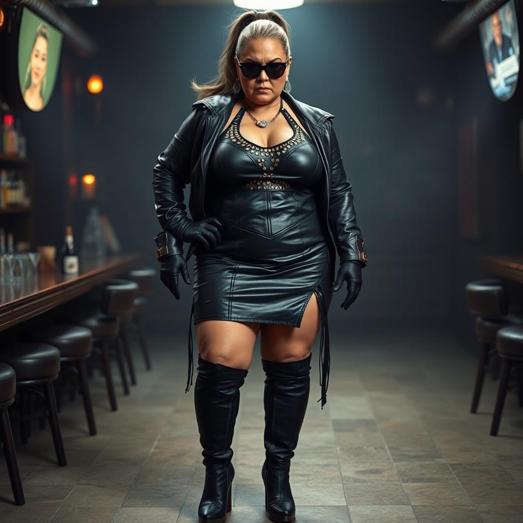 An imposing, plus-size Native American woman in her mid-60s with a powerful presence standing in a leather bar