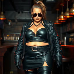 An imposing, plus-size Native American woman in her mid-60s with a powerful presence standing in a leather bar