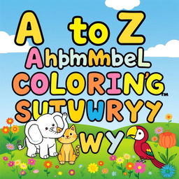A colorful and engaging children's coloring book cover featuring the alphabet with animals