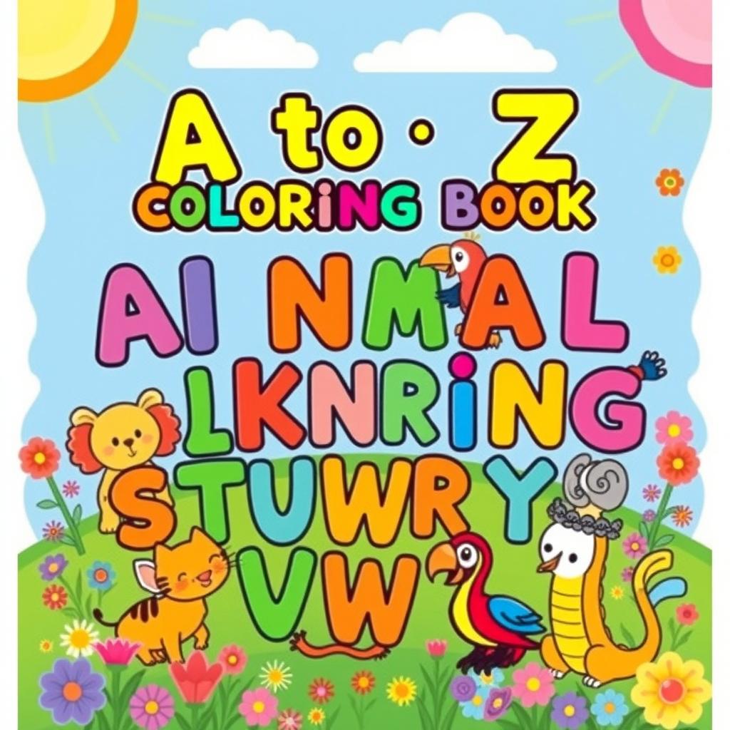 A colorful and engaging children's coloring book cover featuring the alphabet with animals