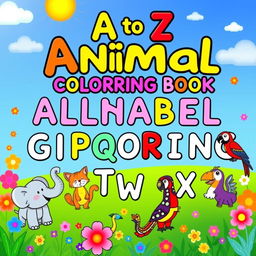 A colorful and engaging children's coloring book cover featuring the alphabet with animals
