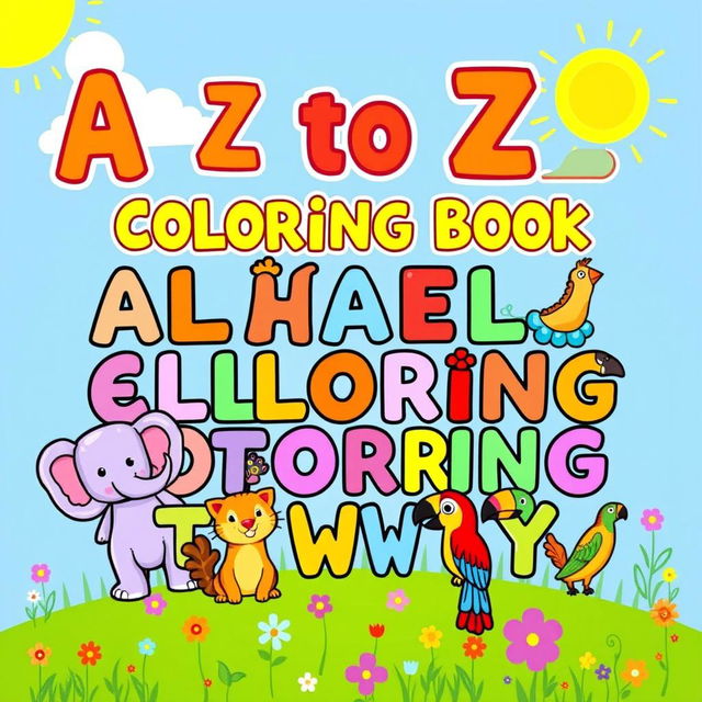 A colorful and engaging children's coloring book cover featuring the alphabet with animals