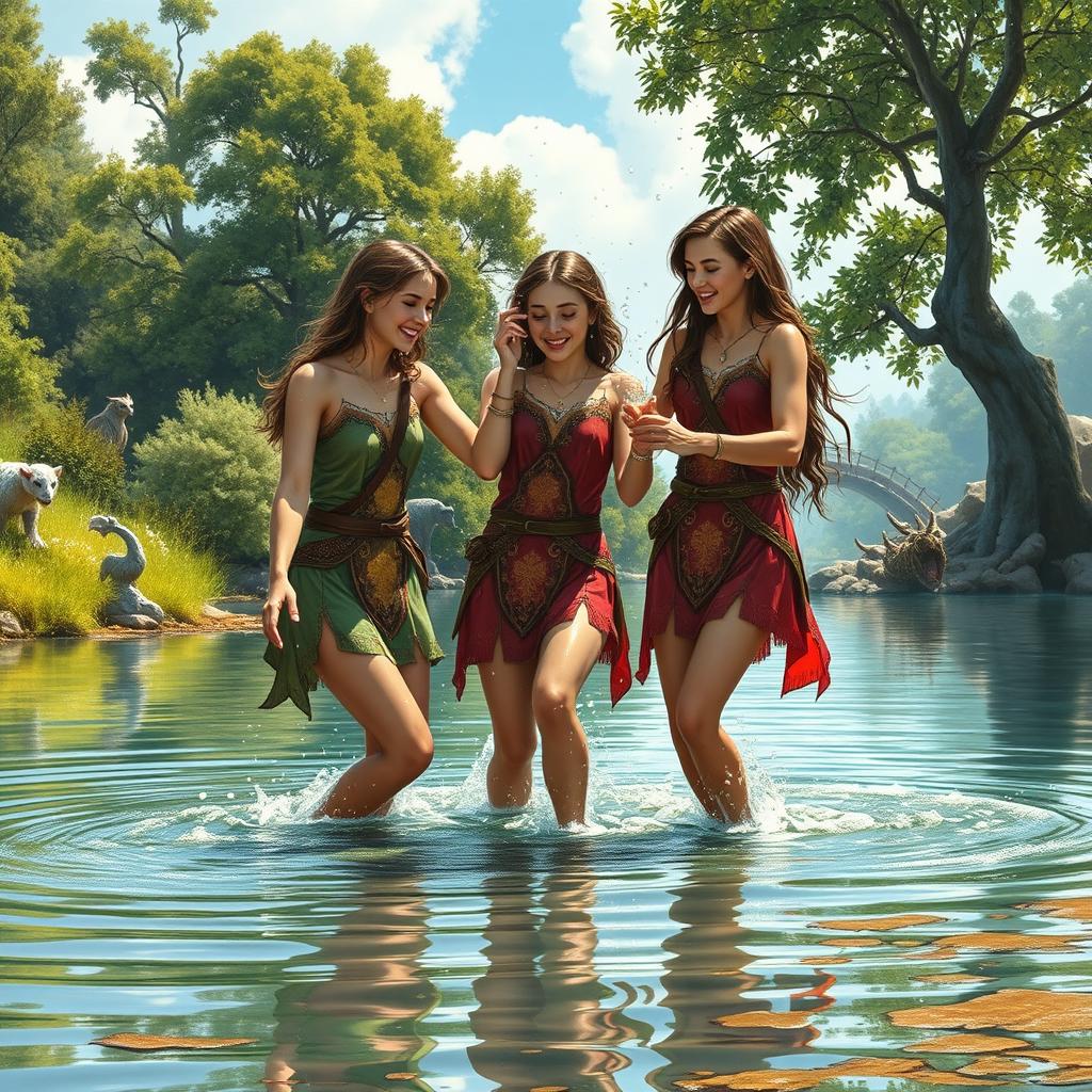 A lively depiction of a group of young women in a medieval and Dungeons & Dragons (DND) setting, playing joyfully beside an idyllic medieval lake