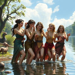 A lively depiction of a group of young women in a medieval and Dungeons & Dragons (DND) setting, playing joyfully beside an idyllic medieval lake