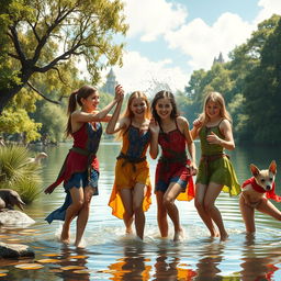 A lively depiction of a group of young women in a medieval and Dungeons & Dragons (DND) setting, playing joyfully beside an idyllic medieval lake