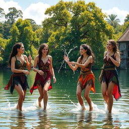 A lively depiction of a group of young women in a medieval and Dungeons & Dragons (DND) setting, playing joyfully beside an idyllic medieval lake