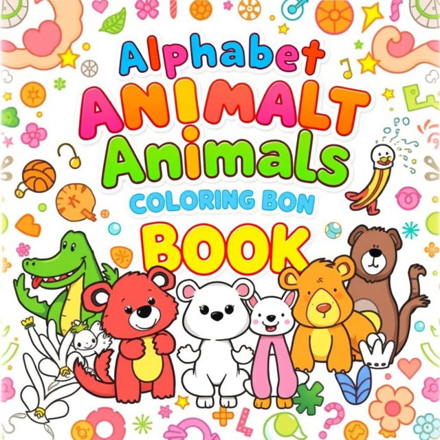 A vibrant and playful book cover for a children's coloring book themed around the alphabet and animals