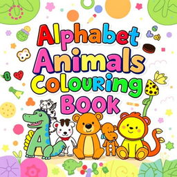 A vibrant and playful book cover for a children's coloring book themed around the alphabet and animals