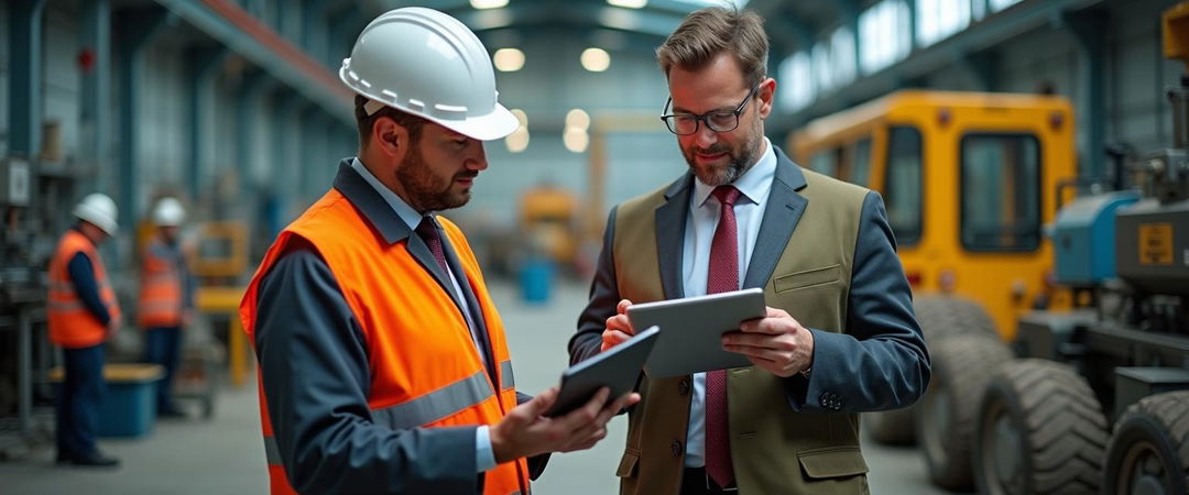 A professional man wearing a suit and tie with a work vest and a white helmet, engrossed in a tablet