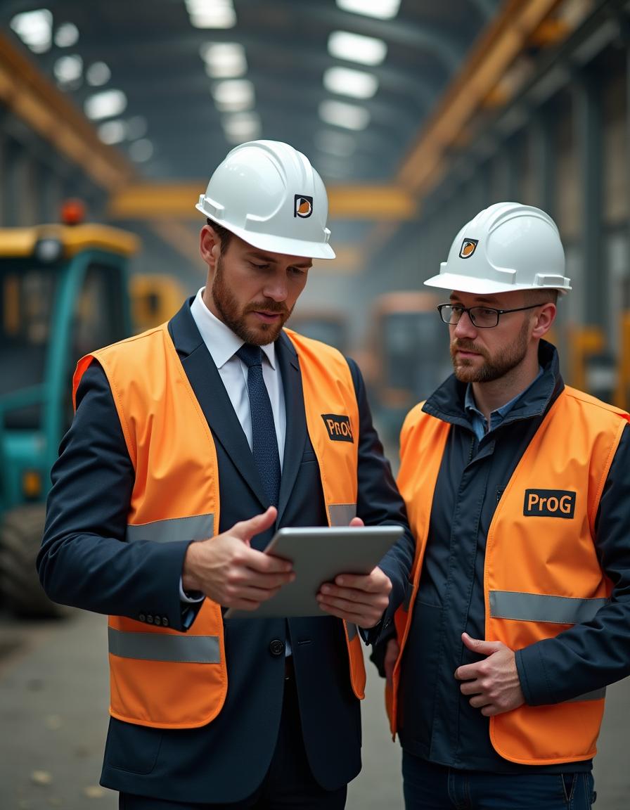 A professional man wearing a suit and tie with a work vest labeled 'PROG' and a white helmet, focused on a tablet