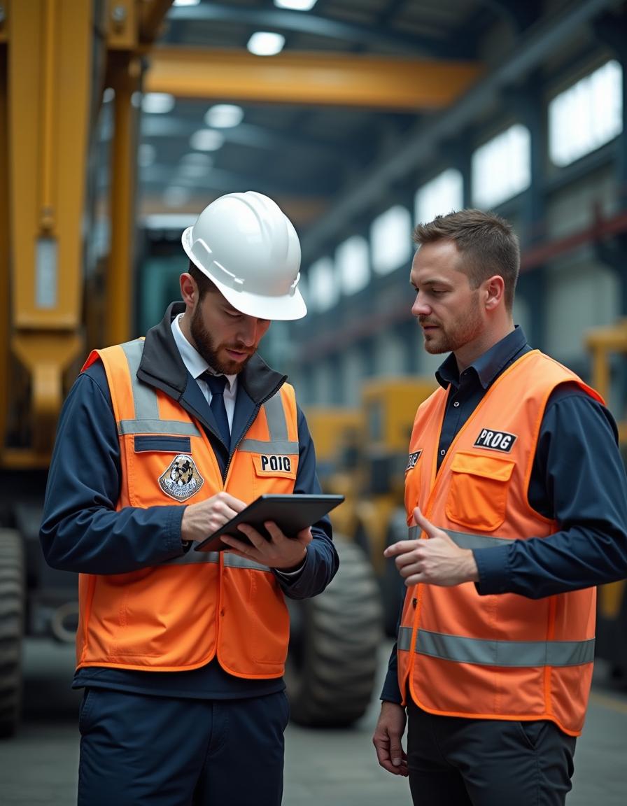 A professional man dressed in a suit and tie wearing a work vest labeled 'PROG' in white letters and featuring a logo of a cocker spaniel on it, alongside a white helmet, intently using a tablet