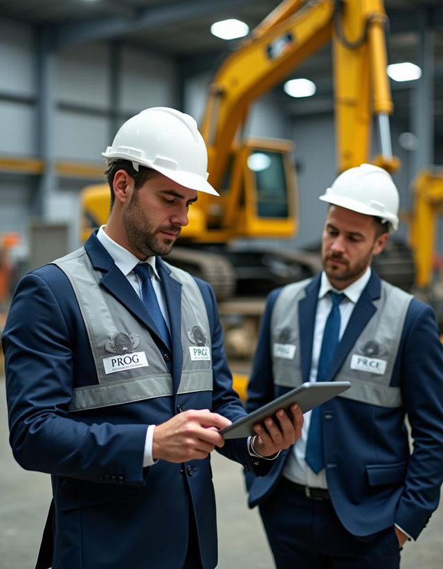 A professional man dressed in a suit and tie, wearing a work vest labeled 'PROG' in white letters and featuring a logo of a cocker spaniel, along with a white helmet, is focused on using a tablet