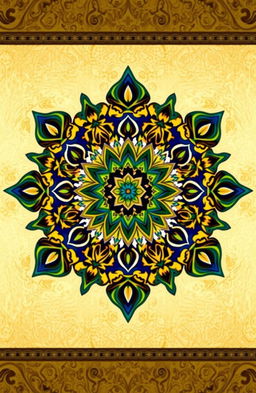 A vibrant, intricate mandala design inspired by Islamic art, featuring geometric patterns and arabesques