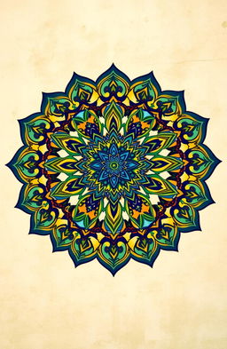 A vibrant, intricate mandala design inspired by Islamic art, featuring geometric patterns and arabesques