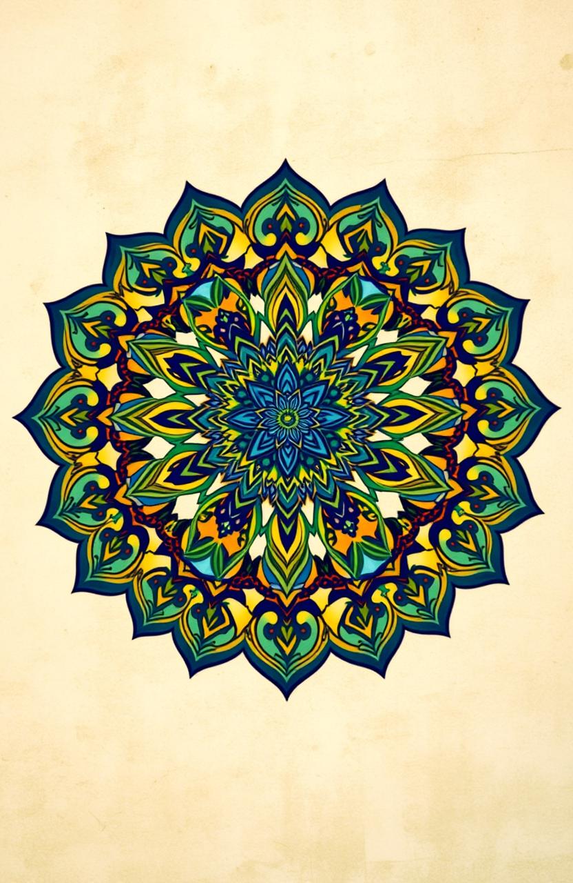 A vibrant, intricate mandala design inspired by Islamic art, featuring geometric patterns and arabesques