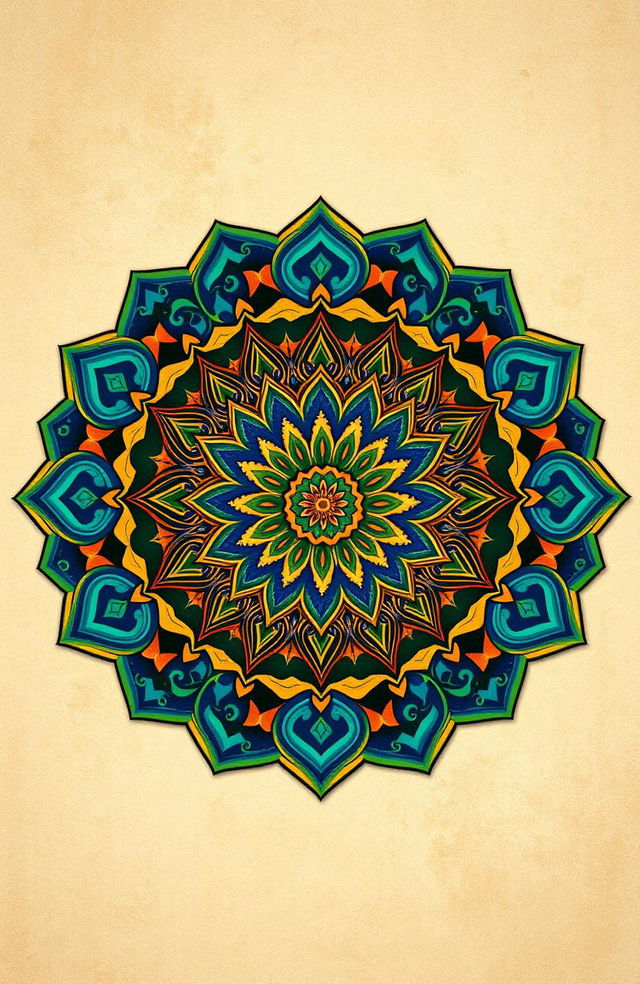 A vibrant, intricate mandala design inspired by Islamic art, featuring geometric patterns and arabesques