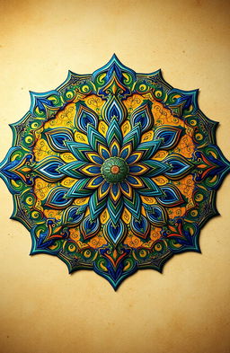 A vibrant, intricate mandala design inspired by Islamic art, featuring geometric patterns and arabesques