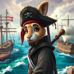 A realistic depiction of a 3 feet tall harengon mix monk set against a vibrant sailor background