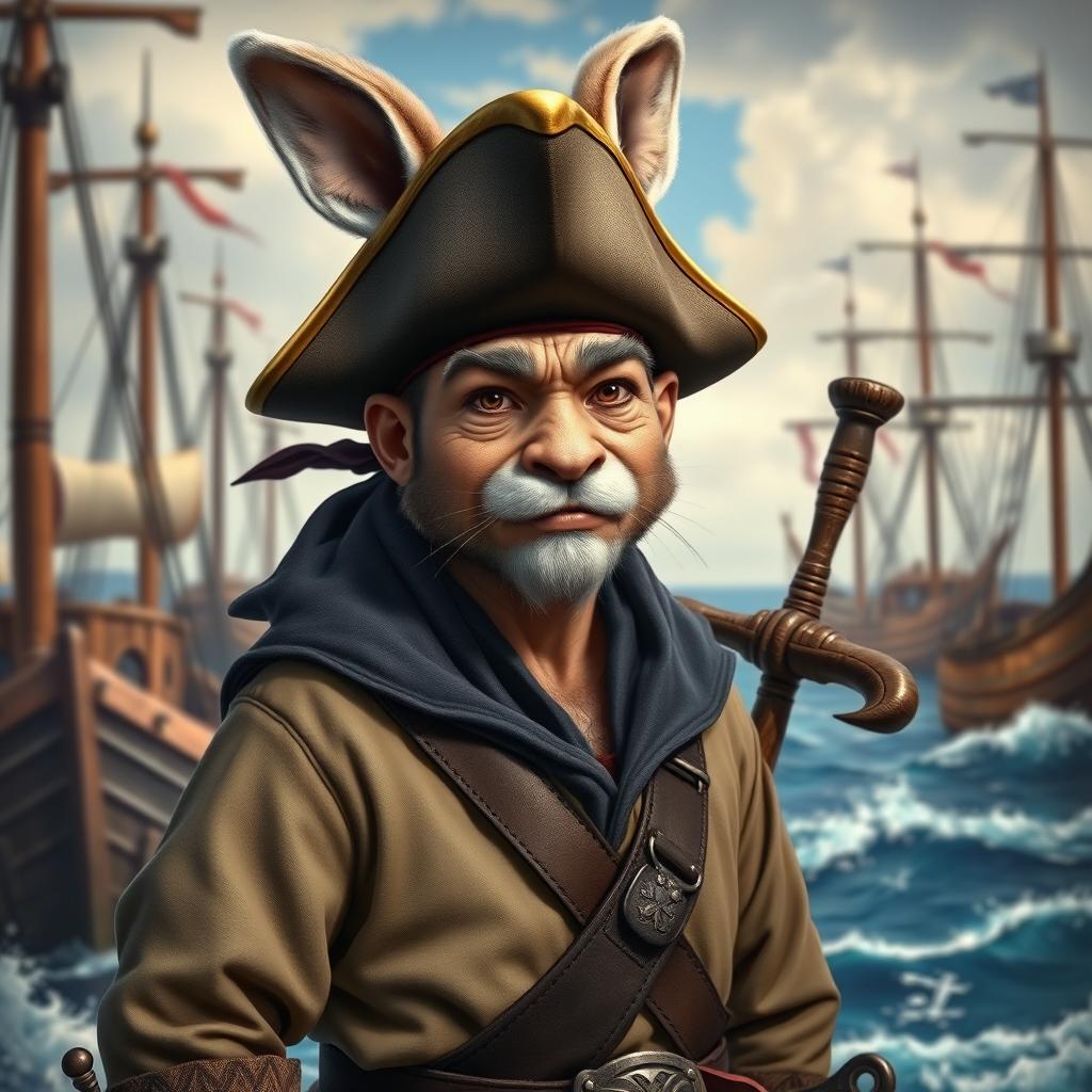 A realistic depiction of a 3 feet tall harengon mix monk set against a vibrant sailor background