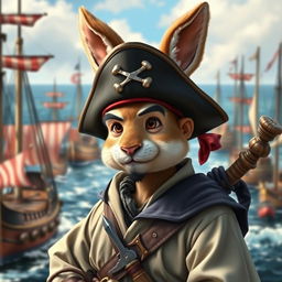 A realistic depiction of a 3 feet tall harengon mix monk set against a vibrant sailor background