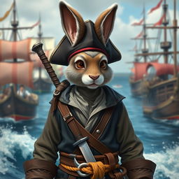 A realistic depiction of a 3 feet tall harengon mix monk set against a vibrant sailor background
