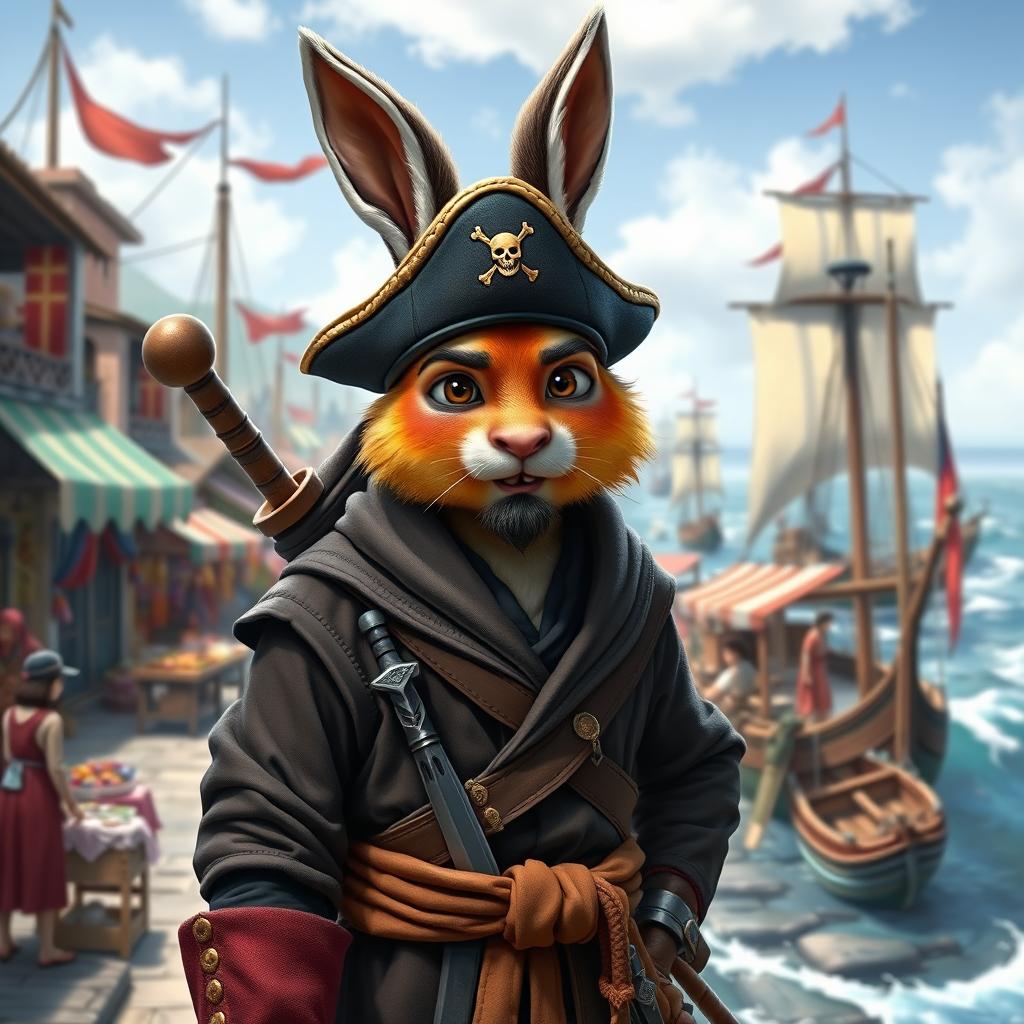 A realistic portrayal of a 3 feet tall harengon mix monk in a lively sailor background