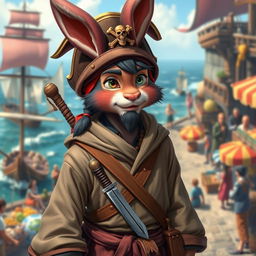 A realistic portrayal of a 3 feet tall harengon mix monk in a lively sailor background