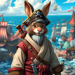 A realistic portrayal of a 3 feet tall harengon mix monk in a lively sailor background