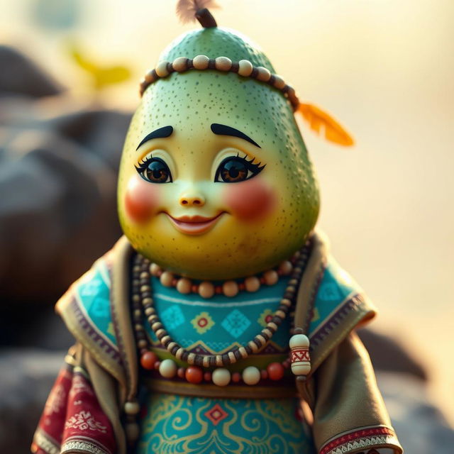 A realistic avocado character dressed in feminine Aztec clothing