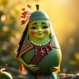 A realistic avocado character dressed in feminine Aztec clothing