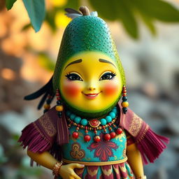 A realistic avocado character dressed in feminine Aztec clothing