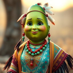 A realistic avocado character dressed in feminine Aztec clothing