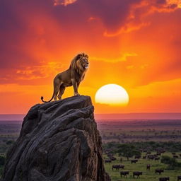 A majestic lion standing atop a rocky cliff, with a powerful sunset casting shades of orange and purple across the sky